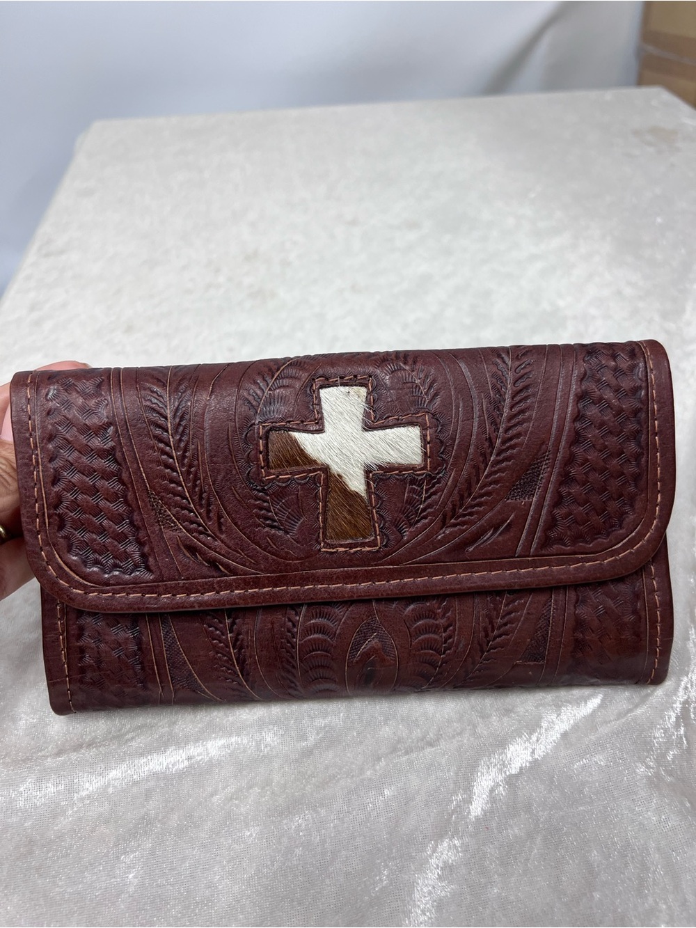 Hand-Tooled Leather Wallet w/Cross Accent Made in Paraguay
